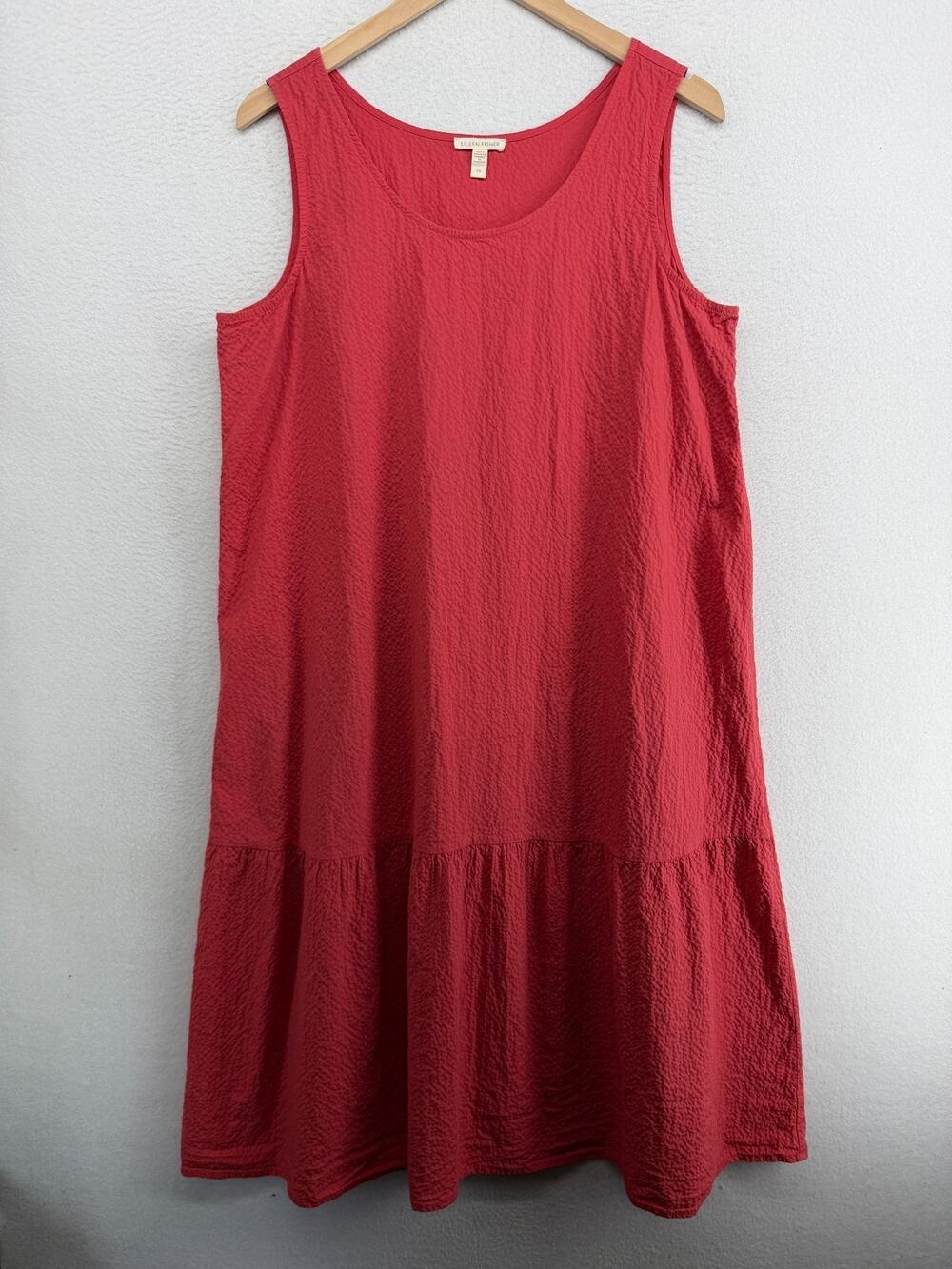 EILEEN FISHER Dress L Organic Cotton Seersucker Textured Tiered Sundress Red
